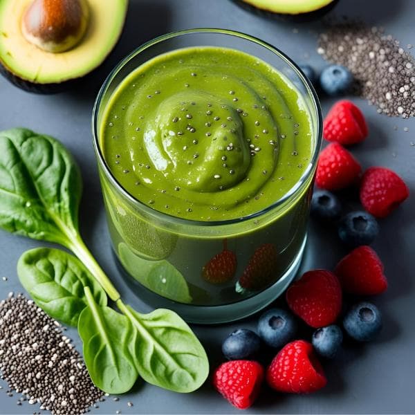 Green berry healing smoothie blend in a glass for low-sugar nourishment support