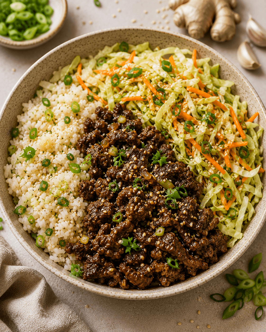 Ginger Garlic Beef Cabbage Bowl