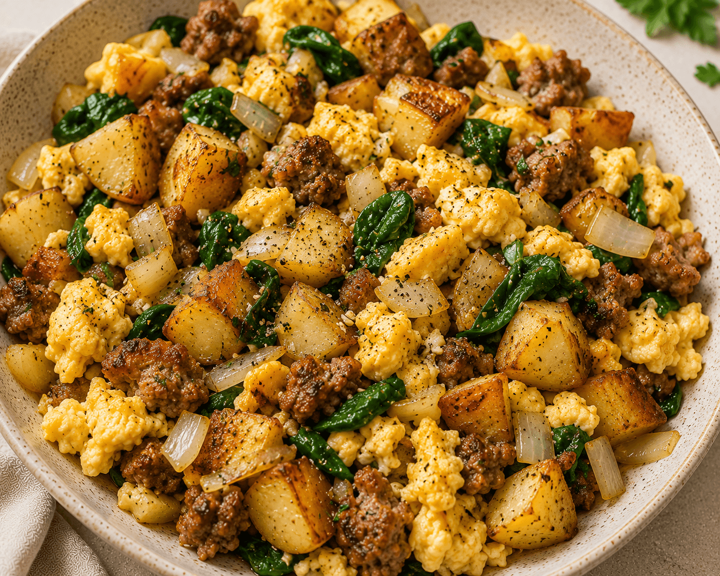 High-protein breakfast scramble with eggs, turkey sausage, potatoes, and spinach