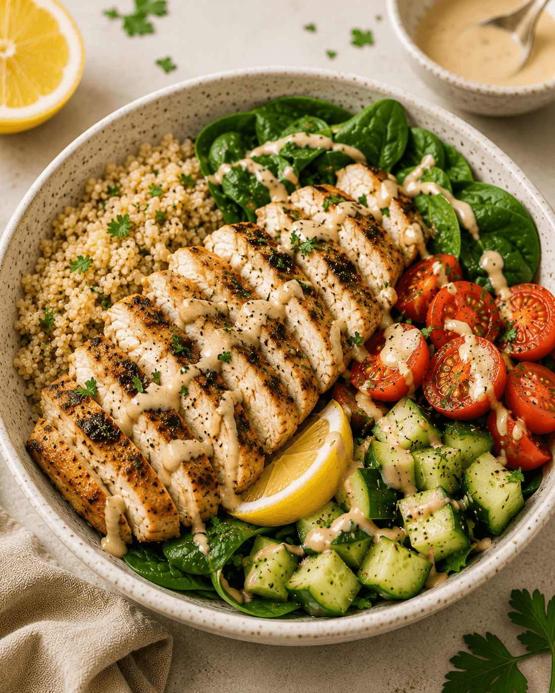 Lemon tahini chicken quinoa bowl with cucumber, herbs, and greens