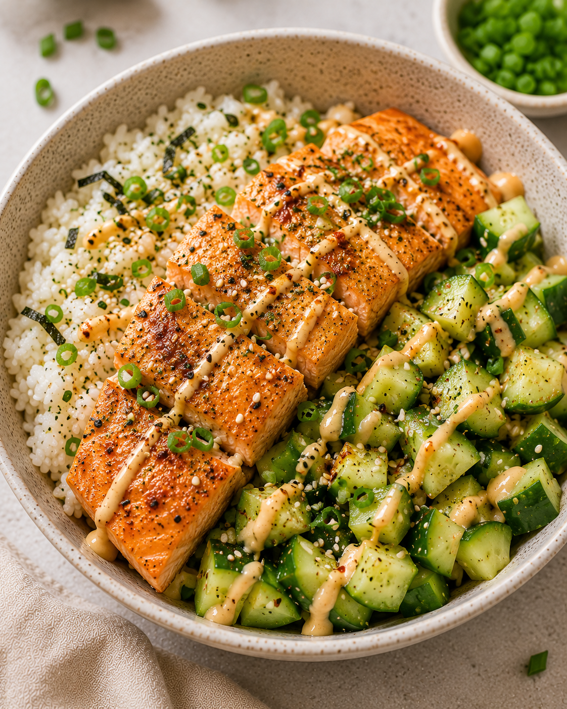 Salmon rice cucumber bowl with herbs and a simple nourishing layout