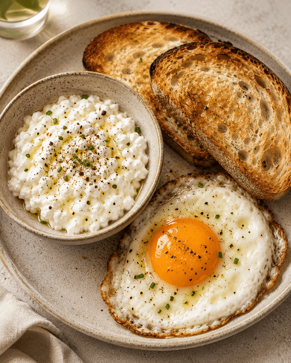 Savory cottage cheese and egg toast with herbs on toasted bread